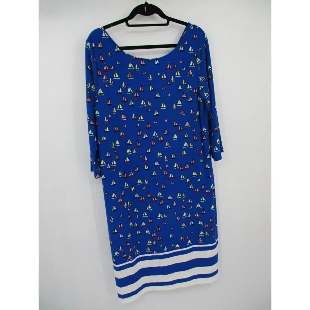 Leota Womens Dress 1X Long Blue Preppy Nautical Ships Boats Stretch Pullover